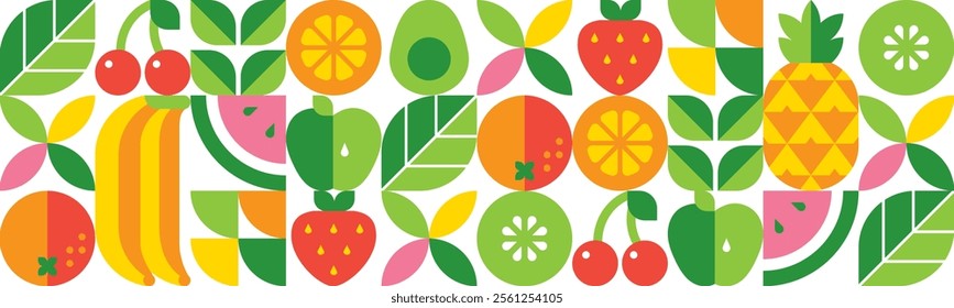 Abstract geometric background with fruits, leaves and berries.Set of icons in simple flat style.Seamless pattern.Organic food.Pineapple, cherry, strawberry, orange, banana, apple.Vector illustration.