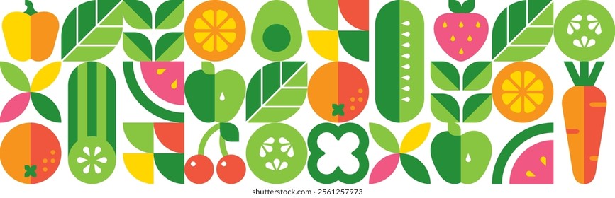 Abstract geometric background with fruits, vegetables, berries and leaves.Set of icons in simple flat style.Seamless pattern.Organic food.Cucumber, cherry, carrot, apple, avocado.Vector illustration.