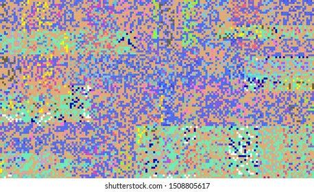 Abstract geometric background with glitch art VHS effect of pixel sorting. Mosaic of random colorful pixels like in 8bit video game. Rertrofuturistic cyberpunk style. 