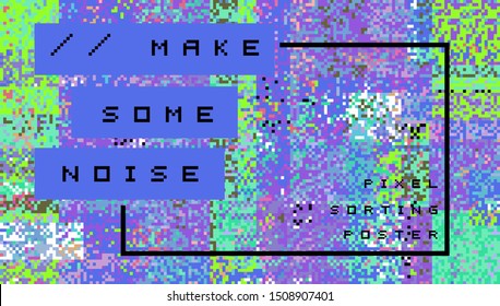 Abstract geometric background with glitch art VHS effect of pixel sorting. Mosaic of random colorful pixels like in 8bit video game. Rertrofuturistic cyberpunk style. 