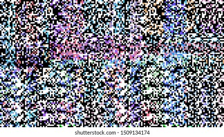 Abstract geometric background with glitch art VHS effect of pixel sorting. Mosaic of random colorful pixels like in 8bit video game. Rertrofuturistic cyberpunk style. 
