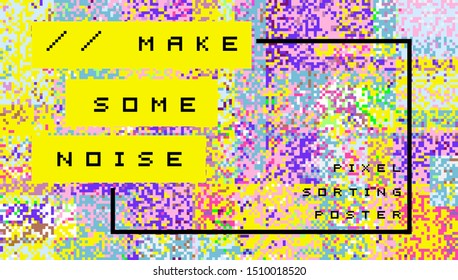 Abstract geometric background with glitch art VHS effect of pixel sorting. Mosaic of random colorful pixels like in 8bit video game. Rertrofuturistic cyberpunk style. 