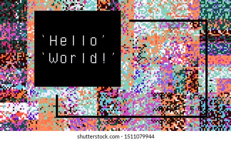 Abstract geometric background with glitch art VHS effect of pixel sorting. Mosaic of random colorful pixels like in 8bit video game. Rertrofuturistic cyberpunk style. 