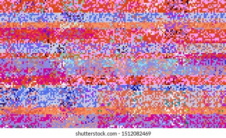 Abstract geometric background with glitch art VHS effect of pixel sorting. Mosaic of random colorful pixels like in 8bit video game. Rertrofuturistic cyberpunk style. 