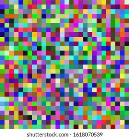 Abstract geometric background with glitch art VHS effect of pixel sorting. Mosaic of random colorful pixels like in 8bit video game.