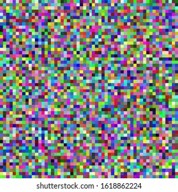 Abstract geometric background with glitch art VHS effect of pixel sorting. Mosaic of random colorful pixels like in 8bit video game.