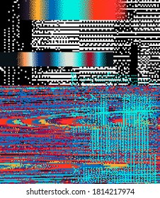 Abstract geometric background with glitched pixels. Computer screen with VHS noise effect.