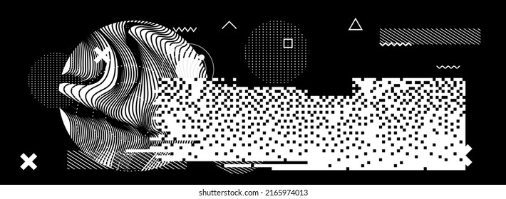 Abstract geometric background with glitched shapes and figures.