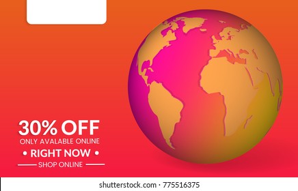 Abstract geometric background with globe. Modern template for social media banner. Contemporary material design with realistic shadow over flat gradient background.
