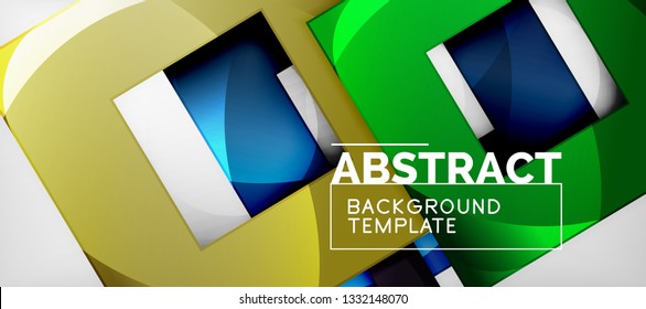 Fondo geométrico abstracto. Composición de formas cuadradas brillantes sobre una plantilla de estilo gris y minimalista con espacio de copia. Diseño de vectores
