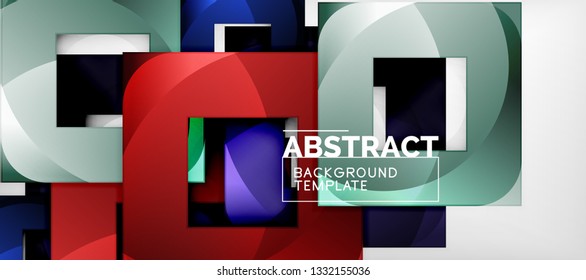 Fondo geométrico abstracto. Composición de formas cuadradas brillantes sobre una plantilla de estilo gris y minimalista con espacio de copia. Diseño de vectores