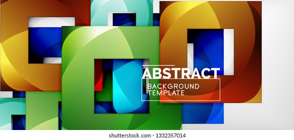 Abstract geometric background. Glossy square shapes composition on grey, minimalistic style template with copyspace. Vector design