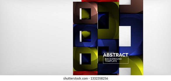 Abstract geometric background. Glossy square shapes composition on grey, minimalistic style template with copyspace. Vector design