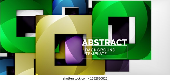 Abstract geometric background. Glossy square shapes composition on grey, minimalistic style template with copyspace. Vector design