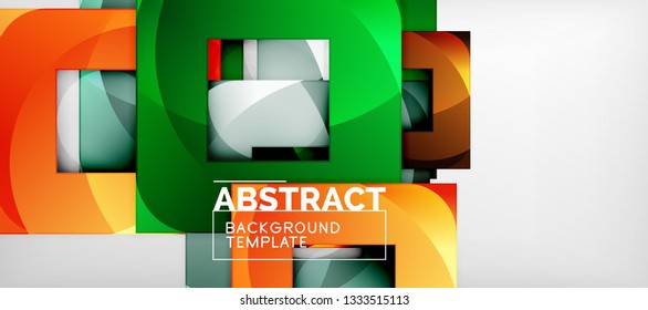Abstract geometric background. Glossy square shapes composition on grey, minimalistic style template with copyspace. Vector design