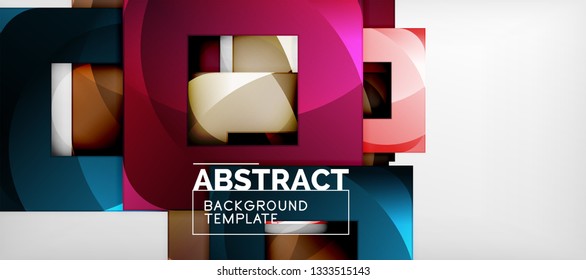 Abstract geometric background. Glossy square shapes composition on grey, minimalistic style template with copyspace. Vector design