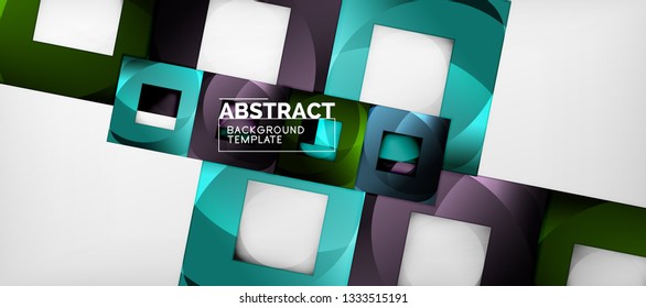 Abstract geometric background. Glossy square shapes composition on grey, minimalistic style template with copyspace. Vector design