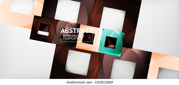 Abstract geometric background. Glossy square shapes composition on grey, minimalistic style template with copyspace. Vector design