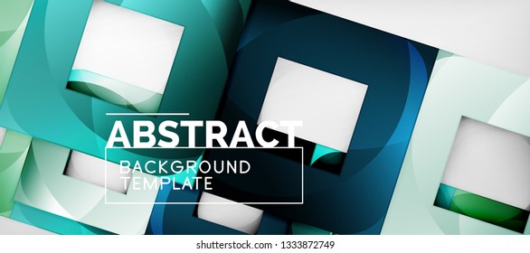 Abstract geometric background. Glossy square shapes composition on grey, minimalistic style template with copyspace. Vector design