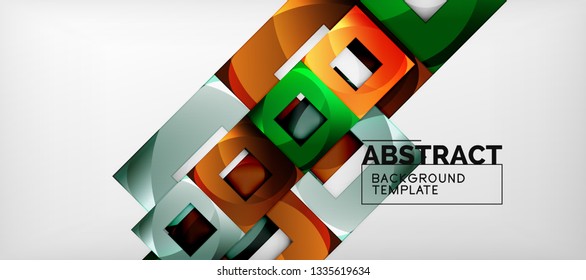 Abstract geometric background. Glossy square shapes composition on grey, minimalistic style template with copyspace. Vector design