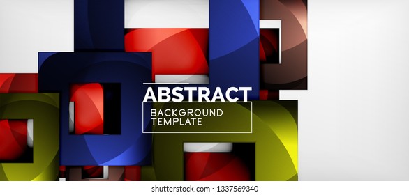 Abstract geometric background. Glossy square shapes composition on grey, minimalistic style template with copyspace. Vector design