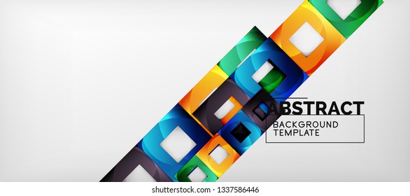Fondo geométrico abstracto. Composición de formas cuadradas brillantes sobre una plantilla de estilo gris y minimalista con espacio de copia. Diseño de vectores