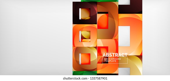 Abstract geometric background. Glossy square shapes composition on grey, minimalistic style template with copyspace. Vector design