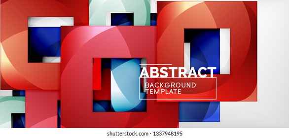 Fondo geométrico abstracto. Composición de formas cuadradas brillantes sobre una plantilla de estilo gris y minimalista con espacio de copia. Diseño de vectores