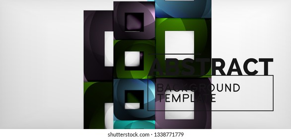 Abstract geometric background. Glossy square shapes composition on grey, minimalistic style template with copyspace. Vector design