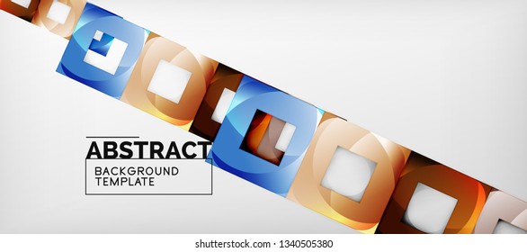 Abstract geometric background. Glossy square shapes composition on grey, minimalistic style template with copyspace. Vector design