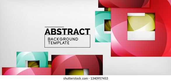 Abstract geometric background. Glossy square shapes composition on grey, minimalistic style template with copyspace. Vector design