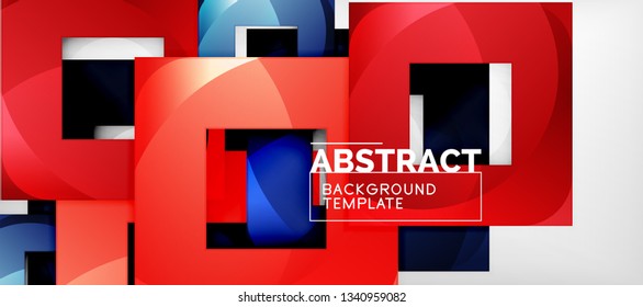 Abstract geometric background. Glossy square shapes composition on grey, minimalistic style template with copyspace. Vector design