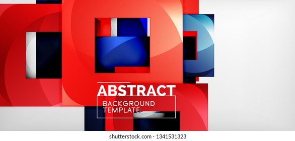 Abstract geometric background. Glossy square shapes composition on grey, minimalistic style template with copyspace. Vector design