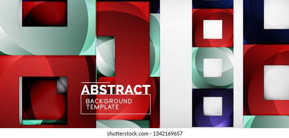 Abstract geometric background. Glossy square shapes composition on grey, minimalistic style template with copyspace. Vector design
