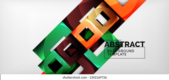 Abstract geometric background. Glossy square shapes composition on grey, minimalistic style template with copyspace. Vector design