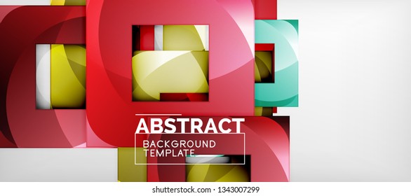 Abstract geometric background. Glossy square shapes composition on grey, minimalistic style template with copyspace. Vector design