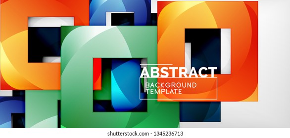 Abstract geometric background. Glossy square shapes composition on grey, minimalistic style template with copyspace. Vector design