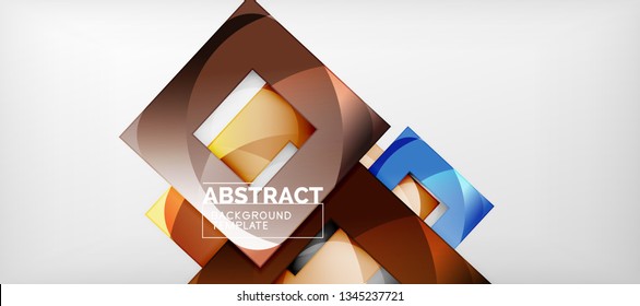 Abstract geometric background. Glossy square shapes composition on grey, minimalistic style template with copyspace. Vector design