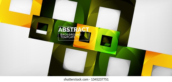 Fondo geométrico abstracto. Composición de formas cuadradas brillantes sobre una plantilla de estilo gris y minimalista con espacio de copia. Diseño de vectores