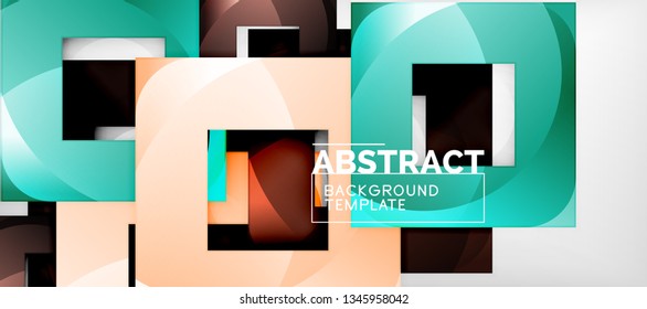 Abstract geometric background. Glossy square shapes composition on grey, minimalistic style template with copyspace. Vector design