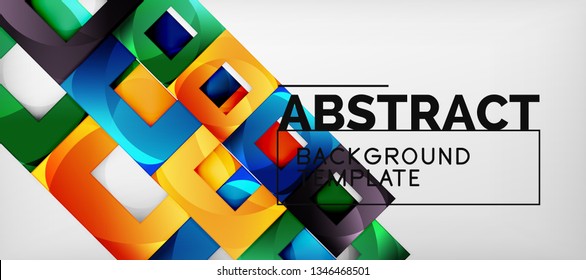 Abstract geometric background. Glossy square shapes composition on grey, minimalistic style template with copyspace. Vector design