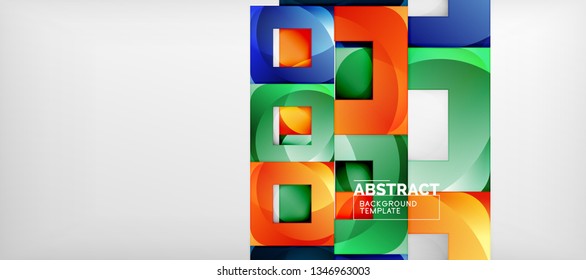 Abstract geometric background. Glossy square shapes composition on grey, minimalistic style template with copyspace. Vector design