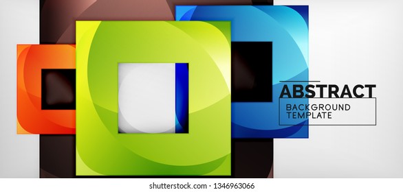 Abstract geometric background. Glossy square shapes composition on grey, minimalistic style template with copyspace. Vector design