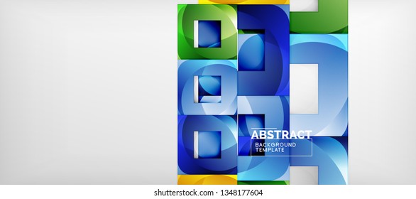 Abstract geometric background. Glossy square shapes composition on grey, minimalistic style template with copyspace. Vector design