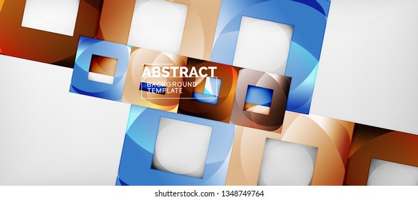 Abstract geometric background. Glossy square shapes composition on grey, minimalistic style template with copyspace. Vector design