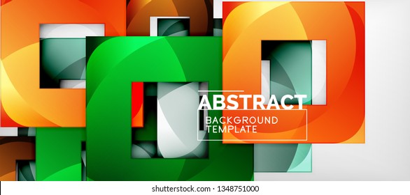 Abstract geometric background. Glossy square shapes composition on grey, minimalistic style template with copyspace. Vector design