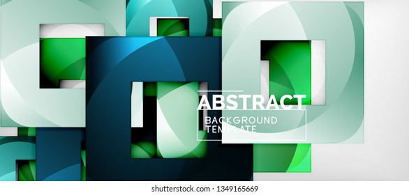 Abstract geometric background. Glossy square shapes composition on grey, minimalistic style template with copyspace. Vector design