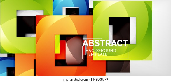 Abstract geometric background. Glossy square shapes composition on grey, minimalistic style template with copyspace. Vector design