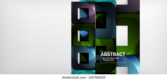 Abstract geometric background. Glossy square shapes composition on grey, minimalistic style template with copyspace. Vector design