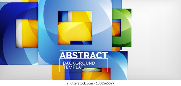 Fondo geométrico abstracto. Composición de formas cuadradas brillantes sobre una plantilla de estilo gris y minimalista con espacio de copia. Diseño de vectores